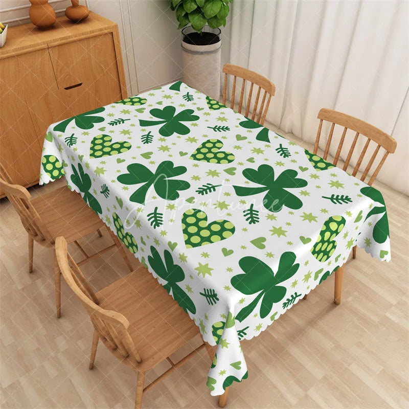 Aperturee - Aperturee St. Patrick’s Day Shamrocks and Hearts Rectangle Tablecloth Green Lucky Leaf Clover Table Cover for Kitchen Party