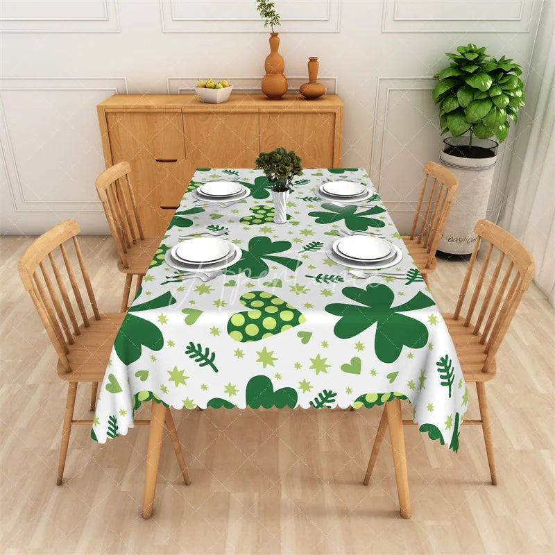 Aperturee - Aperturee St. Patrick’s Day Shamrocks and Hearts Rectangle Tablecloth Green Lucky Leaf Clover Table Cover for Kitchen Party