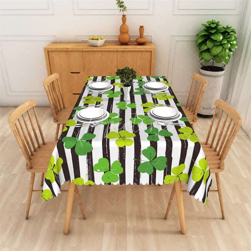 Aperturee - Aperturee St. Patrick’s Day Striped Shamrock Rectangle Tablecloth Modern Green Clover Pattern Table Cover for Spring