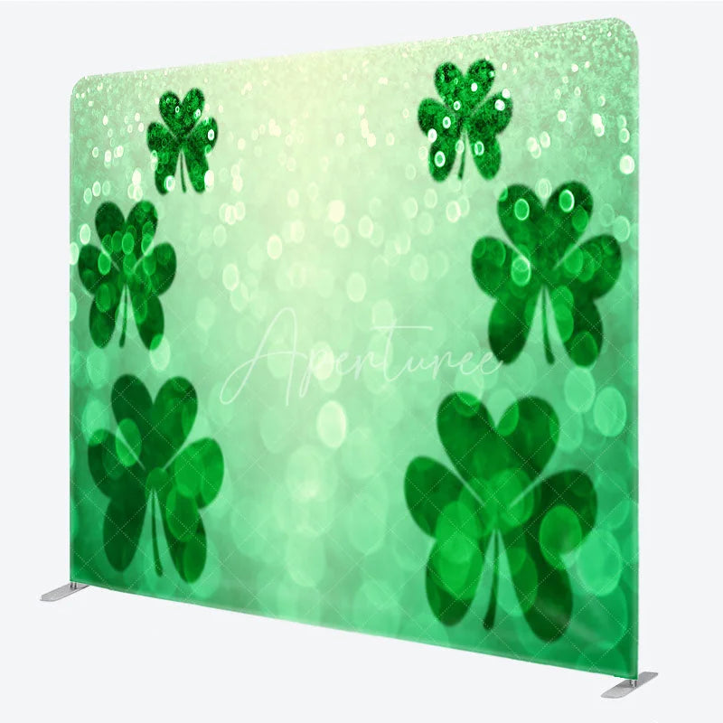 Aperturee - Aperturee St Patricks Day Tension Fabric Backdrop Green Shamrock Bokeh Background Lucky Clover Party Decoration