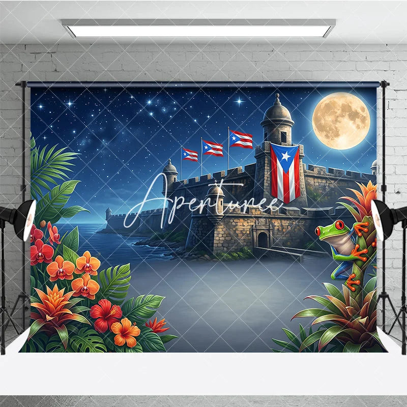 Aperturee - Aperturee Starry Night Full Moon Tropical Fortress Holiday Backdrop with Red Eyed Frog and Island Flags Exotic Celebration