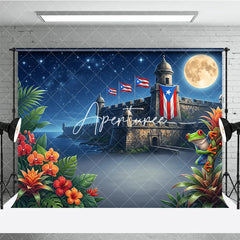 Aperturee - Aperturee Starry Night Full Moon Tropical Fortress Holiday Backdrop with Red Eyed Frog and Island Flags Exotic Celebration