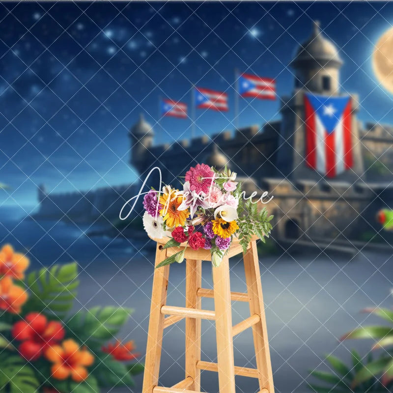 Aperturee - Aperturee Starry Night Full Moon Tropical Fortress Holiday Backdrop with Red Eyed Frog and Island Flags Exotic Celebration