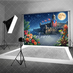 Aperturee - Aperturee Starry Night Full Moon Tropical Fortress Holiday Backdrop with Red Eyed Frog and Island Flags Exotic Celebration