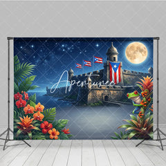 Aperturee - Aperturee Starry Night Full Moon Tropical Fortress Holiday Backdrop with Red Eyed Frog and Island Flags Exotic Celebration