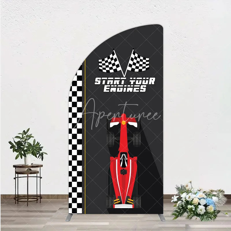 Aperturee - Aperturee Start Your Engines Race Car Half Moon Arch Backdrop for Baby Shower Red Car and Checkered Flag Boy Party Photo Booth