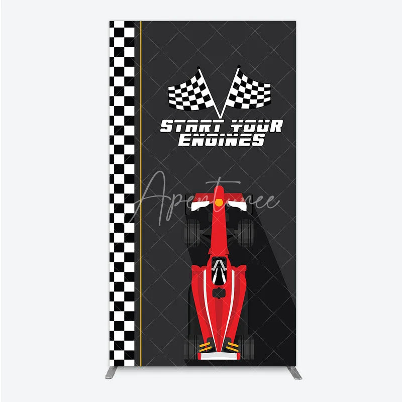 Aperturee - Aperturee Start Your Engines Race Car Rectangle Backdrop for Baby Shower Red Car and Checkered Flag Boy Party Photo Booth