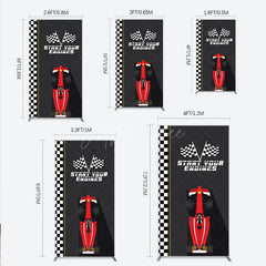 Aperturee - Aperturee Start Your Engines Race Car Rectangle Backdrop for Baby Shower Red Car and Checkered Flag Boy Party Photo Booth