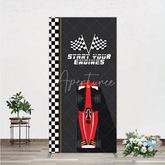 Aperturee - Aperturee Start Your Engines Race Car Rectangle Backdrop for Baby Shower Red Car and Checkered Flag Boy Party Photo Booth