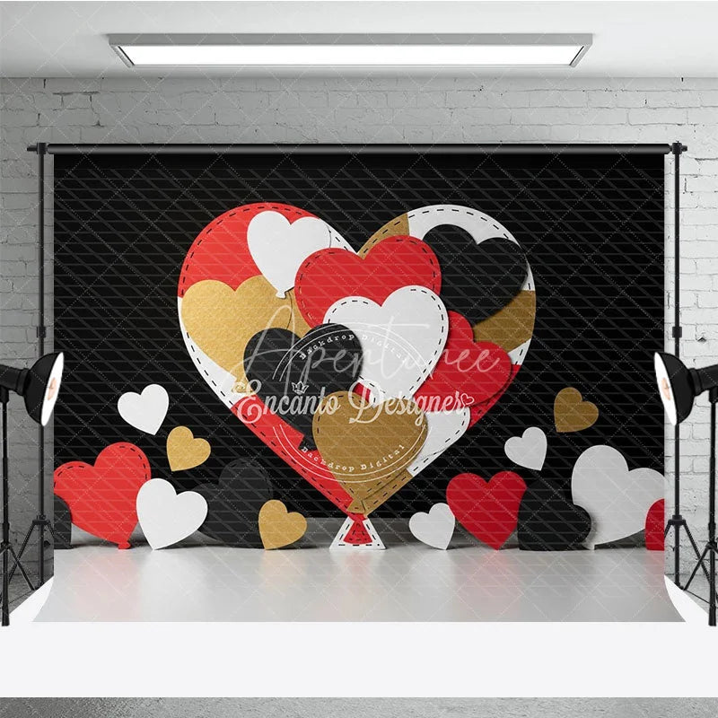 Aperturee - Aperturee Stitched Hearts Valentine Day Backdrop Red Black Gold Patchwork Love Background Abstract Art Photography Prop