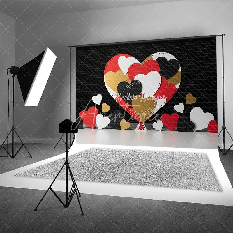 Aperturee - Aperturee Stitched Hearts Valentine Day Backdrop Red Black Gold Patchwork Love Background Abstract Art Photography Prop