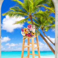 Aperturee - Aperturee Stone Arch Summer Beach Palm Trees Photo Backdrop
