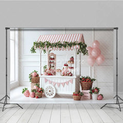 Aperturee - Aperturee Strawberry Themed Party Backdrop Sweet One Birthday Cart Pink Stripe Awning and Balloons Photo Booth Props
