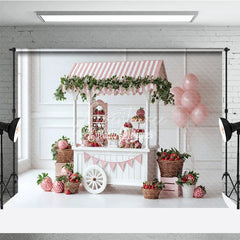 Aperturee - Aperturee Strawberry Themed Party Backdrop Sweet One Birthday Cart Pink Stripe Awning and Balloons Photo Booth Props