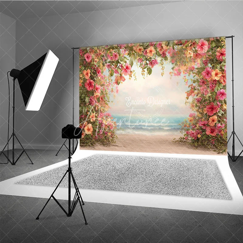 Aperturee - Aperturee Summer Beach Backdrop Tropical Hibiscus Floral Frame Hawaiian Luau Party Photography Background