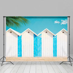 Aperturee - Aperturee Summer Beach Blue White Hut Palm Trees Photo Backdrop