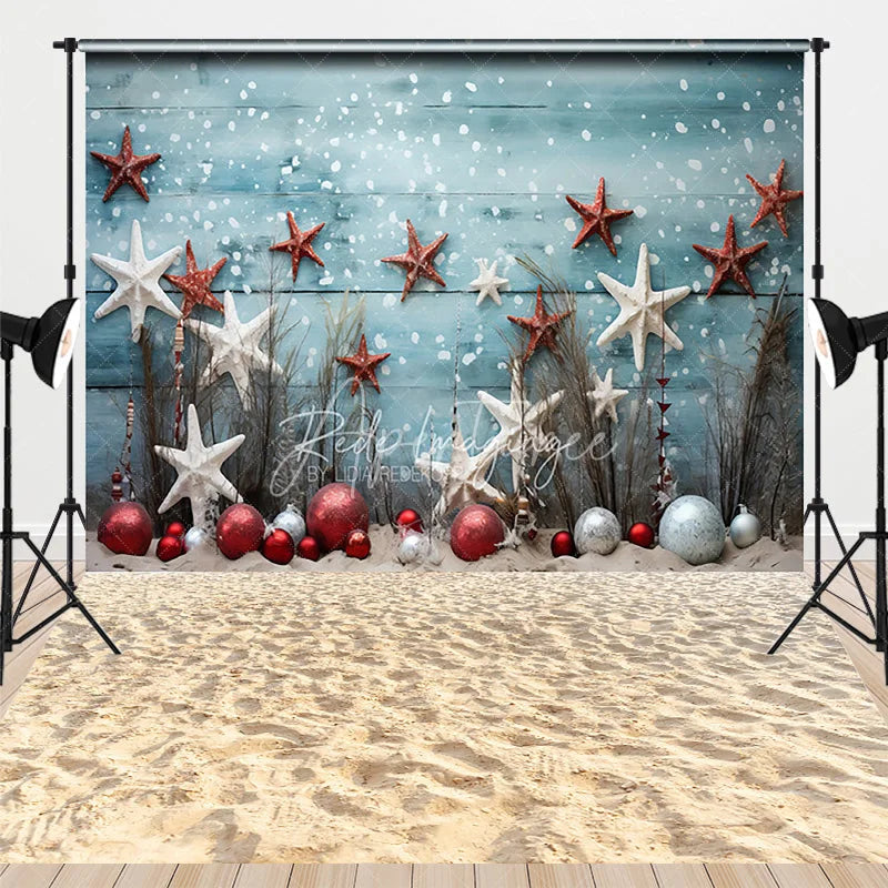 Aperturee - Aperturee Summer Beach Christmas Combo Set Backdrop Blue Wood Starfish Ornament Sand Floor Photography Prop