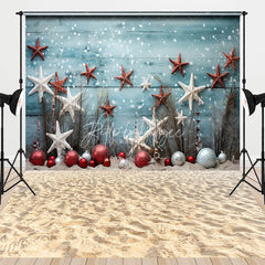 Aperturee - Aperturee Summer Beach Christmas Combo Set Backdrop Blue Wood Starfish Ornament Sand Floor Photography Prop
