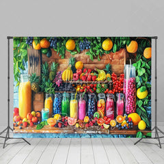 Aperturee - Aperturee Summer Fruit Stand Backdrop Colorful Juice Bottles and Fresh Berries Photography Background for Tropical Party