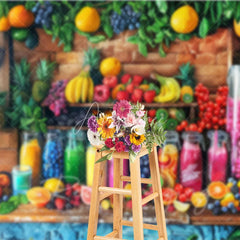 Aperturee - Aperturee Summer Fruit Stand Backdrop Colorful Juice Bottles and Fresh Berries Photography Background for Tropical Party