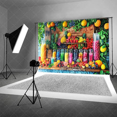 Aperturee - Aperturee Summer Fruit Stand Backdrop Colorful Juice Bottles and Fresh Berries Photography Background for Tropical Party