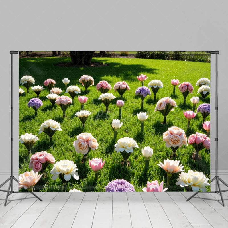 Aperturee - Aperturee Summer Green Lawn Rose Bouquet Wedding Photo Backdrop