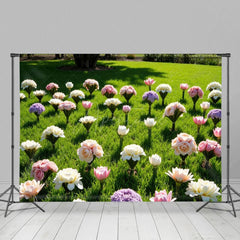 Aperturee - Aperturee Summer Green Lawn Rose Bouquet Wedding Photo Backdrop