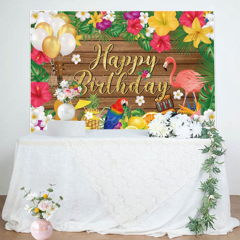 Aperturee - Aperturee Summer Hawaii Floral Flamingo Wood Birthday Backdrop
