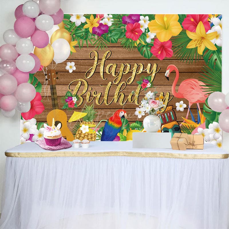 Aperturee - Aperturee Summer Hawaii Floral Flamingo Wood Birthday Backdrop