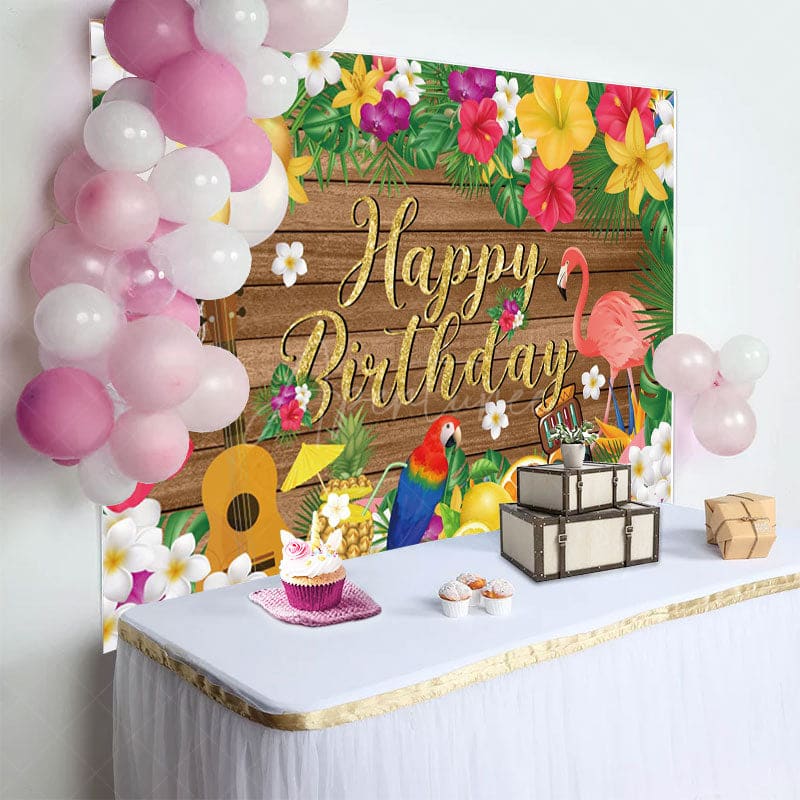 Aperturee - Aperturee Summer Hawaii Floral Flamingo Wood Birthday Backdrop