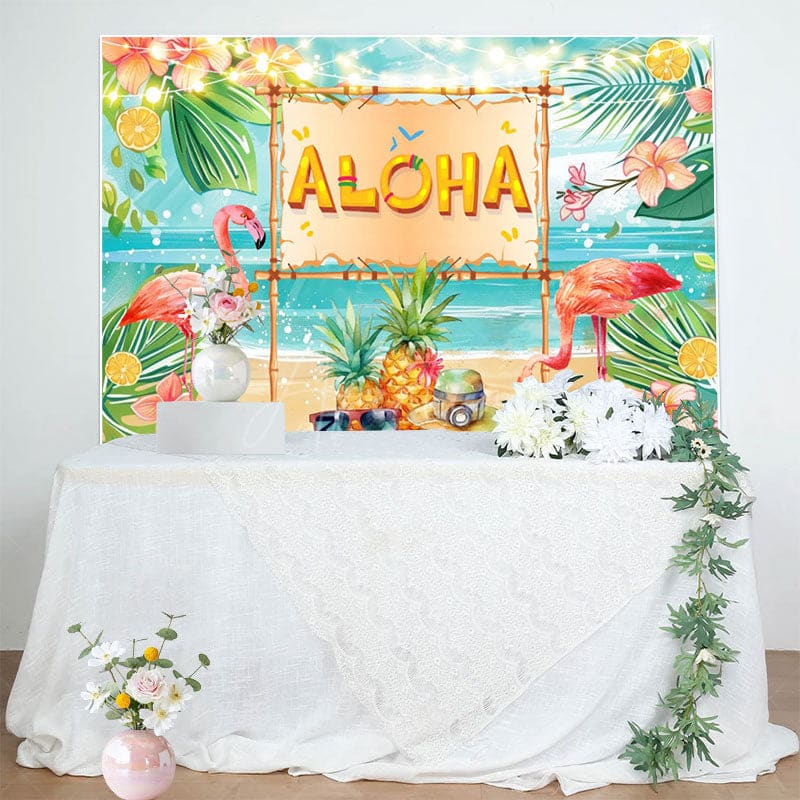Aperturee - Aperturee Summer Hawaiian Flamingo Aloha Birthday Backdrop