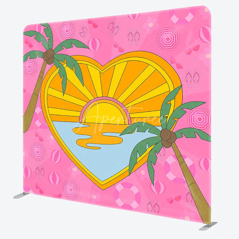 Aperturee - Aperturee Summer Heart Shaped Double Sided Backdrop Pink Palm Trees and Beach Scene Cartoon Tropical Party Decor