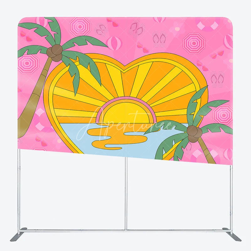 Aperturee - Aperturee Summer Heart Shaped Double Sided Backdrop Pink Palm Trees and Beach Scene Cartoon Tropical Party Decor