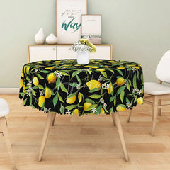 Aperturee - Aperturee Summer Lemon and Green Leaf Floral Round Tablecloth for Fresh Citrus Themed Kitchen and Outdoor Party