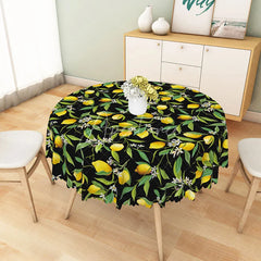Aperturee - Aperturee Summer Lemon and Green Leaf Floral Round Tablecloth for Fresh Citrus Themed Kitchen and Outdoor Party