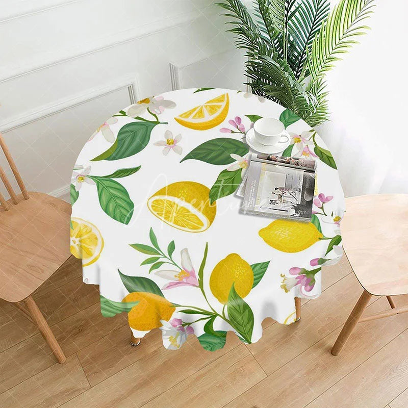 Aperturee - Aperturee Summer Lemon Round Tablecloth Fresh Citrus White Blossoms Green Leaves Kitchen Dining Party Decor