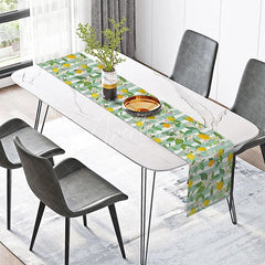 Aperturee - Aperturee Summer Lemon Table Runner with Green Stripes Citrus Fruit Print for Farmhouse Kitchen and Outdoor Party