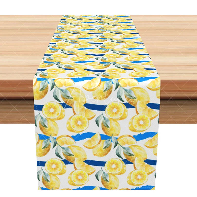 Aperturee - Aperturee Summer Lemon Table Runner with Yellow Citrus Fruit Blue Accents for Kitchen Dining and Outdoor Party