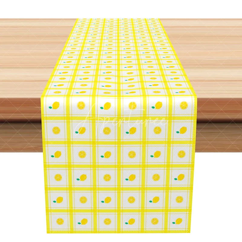 Aperturee - Aperturee Summer Lemon Table Runner with Yellow Gingham Print Farmhouse Citrus Kitchen and Outdoor Party Decor