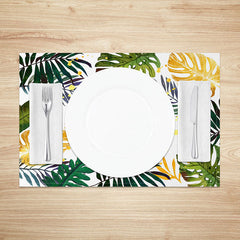 Aperturee - Aperturee Summer Monstera Leaf Placemats Set of 4 in Yellow and Green for Tropical Themed Dining Table Decor