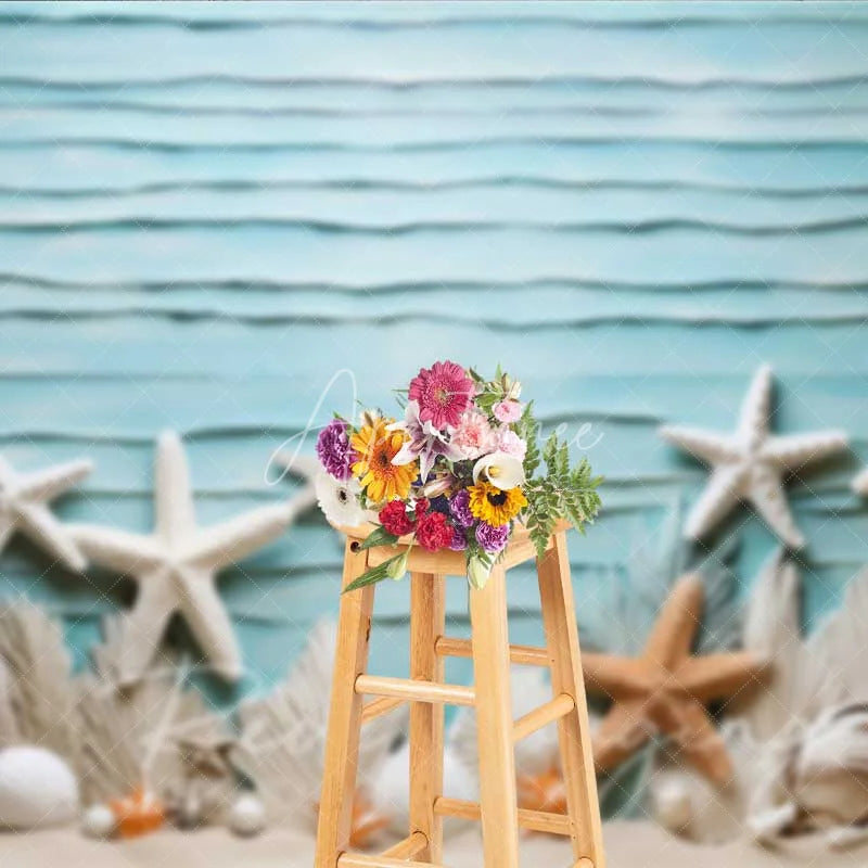 Aperturee - Aperturee Summer Ocean Beach Starfish Photography Backdrop Blue Textured Wall White Shells Background Nautical Theme Photo Prop