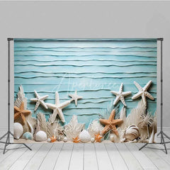Aperturee - Aperturee Summer Ocean Beach Starfish Photography Backdrop Blue Textured Wall White Shells Background Nautical Theme Photo Prop