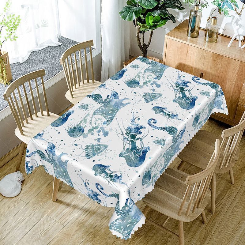 Aperturee - Aperturee Summer Ocean Vibe Rectangle Tablecloth with Seahorse and Jellyfish for Coastal Beach House Dining Decor