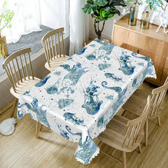Aperturee - Aperturee Summer Ocean Vibe Rectangle Tablecloth with Seahorse and Jellyfish for Coastal Beach House Dining Decor