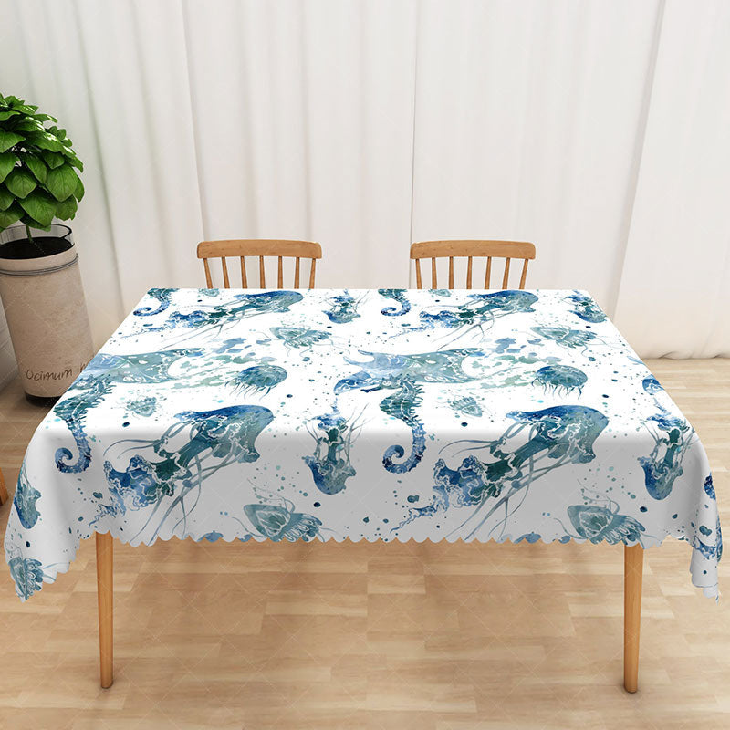 Aperturee - Aperturee Summer Ocean Vibe Rectangle Tablecloth with Seahorse and Jellyfish for Coastal Beach House Dining Decor