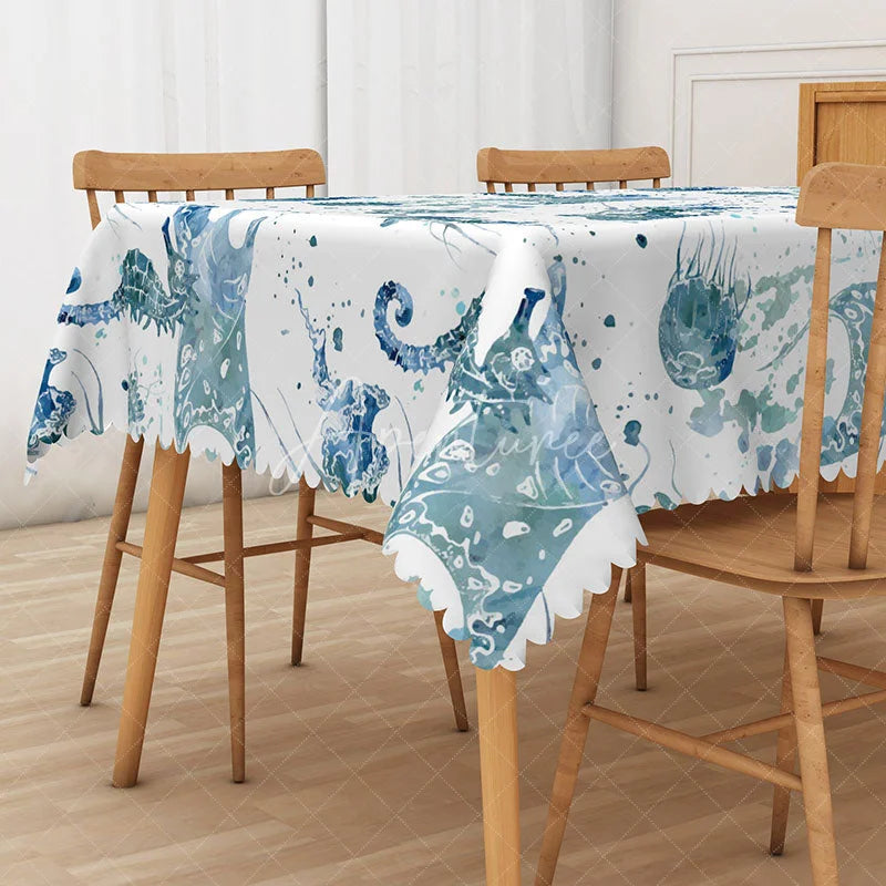 Aperturee - Aperturee Summer Ocean Vibe Rectangle Tablecloth with Seahorse and Jellyfish for Coastal Beach House Dining Decor