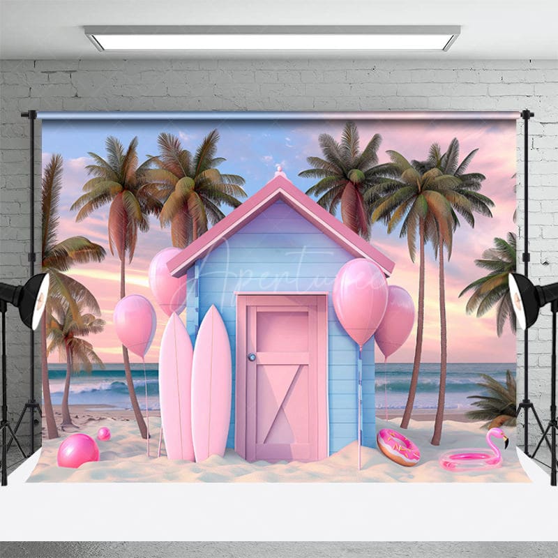 Aperturee - Aperturee Summer Pink Cabin Tree Sandy Beach Combo Set Backdrop