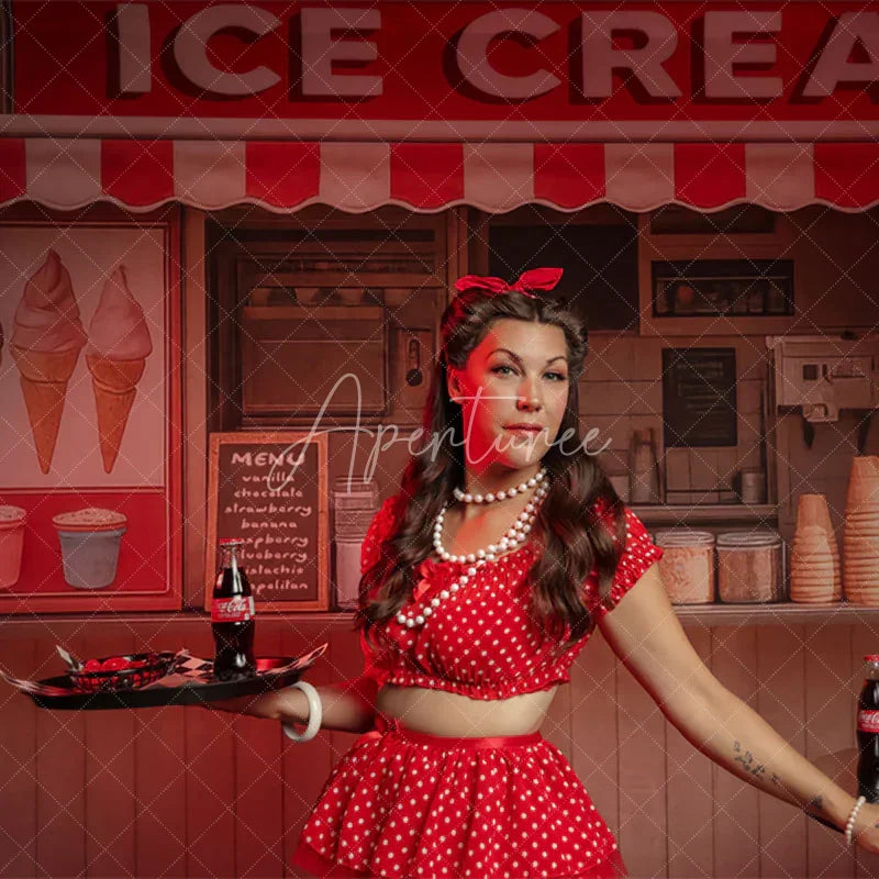 Aperturee - Aperturee Summer Red Beige Ice Cream Shop Photography Backdrop