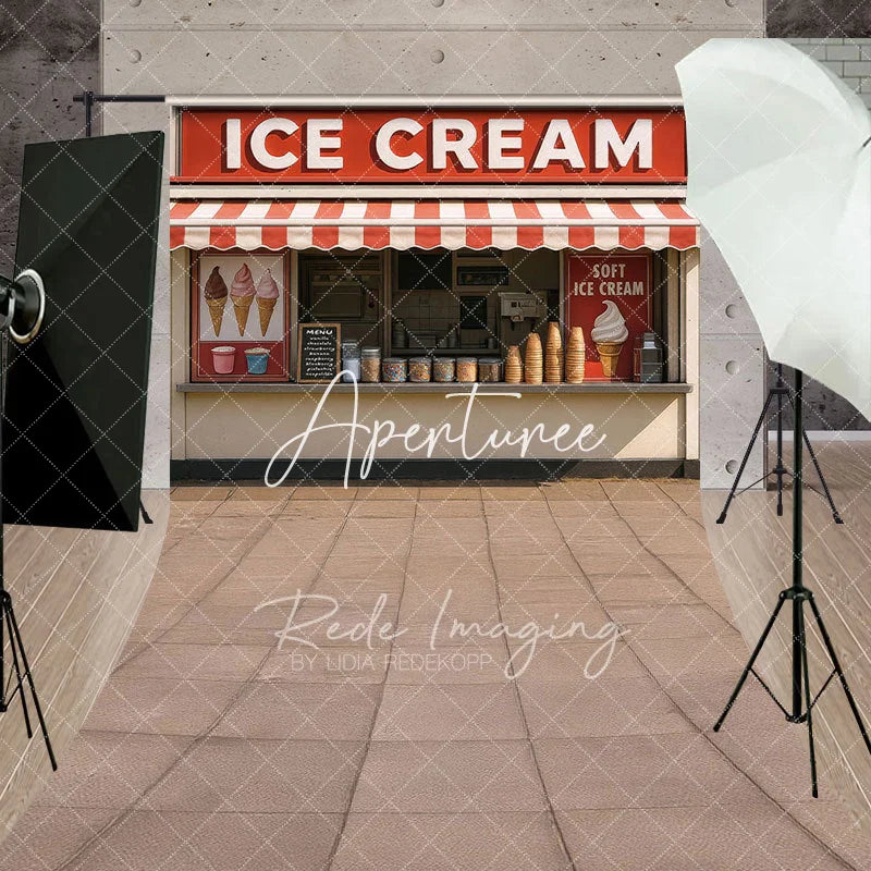 Aperturee - Aperturee Summer Red Beige Ice Cream Shop Sweep Photo Backdrop