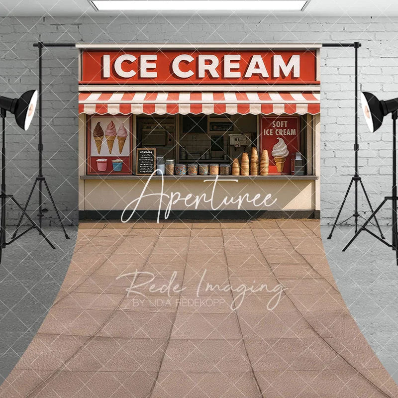 Aperturee - Aperturee Summer Red Beige Ice Cream Shop Sweep Photo Backdrop